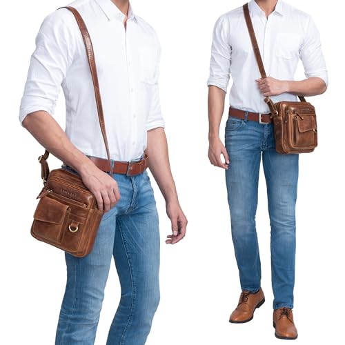 Bolsa de cuero auténtico retro y bolso cruzado hombre piel, bandolera pequeña marrón para iPad 2