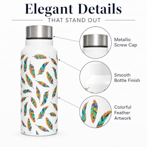 Image of Stainless Steel Water Bottle for School Office Travel | Printed Water Bottle | Drinking Bottle for Home Gym College | Stylish Bottle for Daily Use Picnic & Gifting (White with Feather)