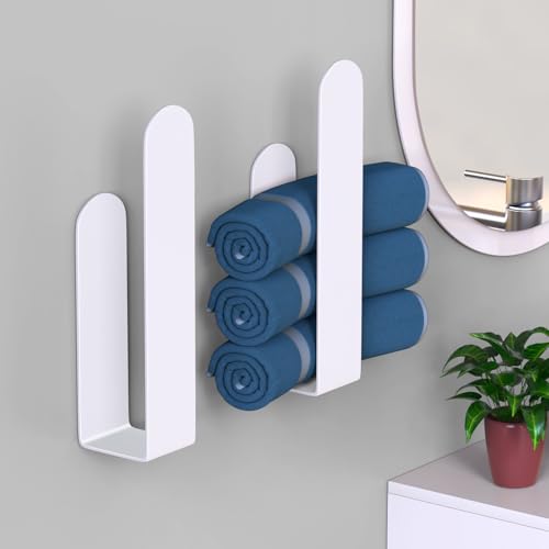 Image of HUFEEOH 2 Pack Adhesive Hand Towel Holder, Kitchen Towel Rack Towel Bars Wall Mounted, Stainless Steel Bath Towel Hanger for Bathroom Hotel Kitchen (White, 8 Inch(2PC))