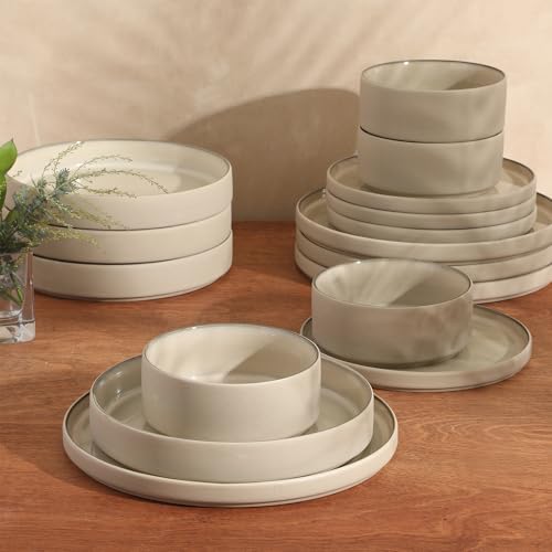 Image of Gibson Elite Liberty Bay 16-Piece Pottery Clay Stoneware Dinnerware Set - Taupe Reactive Glaze, Stackable Plates and Bowls W /Pasta Bowl, Service for 4 - Microwave & Dishwasher Safe