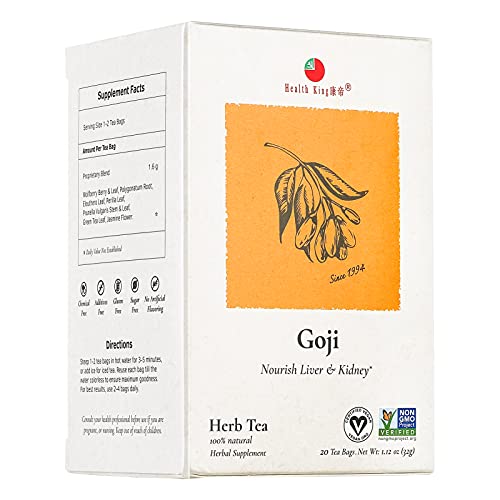 Goji Herbal Tea by Health King - Nourishes Liver & Kidney - (1 Pack, 20 Count Teabags, with Non-GMO, Vegan, Goji Berry & Leaf, Polygonatum Root, Eleuthero Leaf, Perilla Leaf, Prunella Vulgaris)