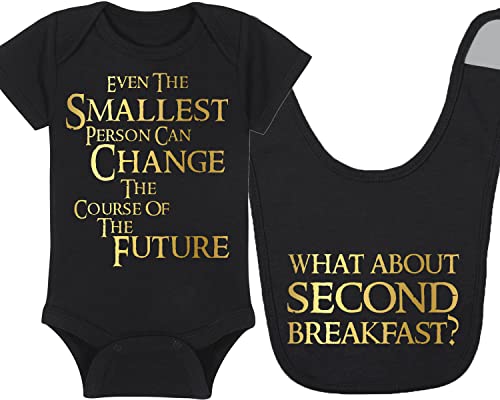 Image of LOTR Baby Onesie and Bib - Even The Smallest Person Can Change The Course Of The Furture - What About Second Breakfast (3-6 Month - Black Fabric - Gold Design)