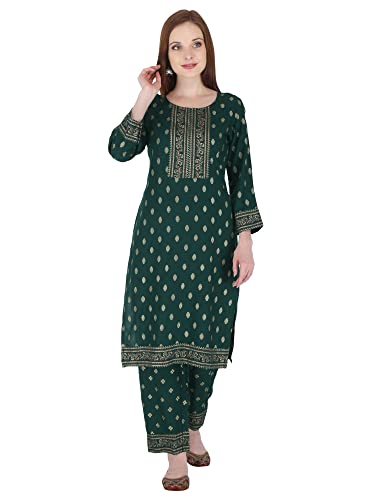 Image of Women's Rayon Printed Kurta with Palazzo Set (Small, Green Palazzo Set)