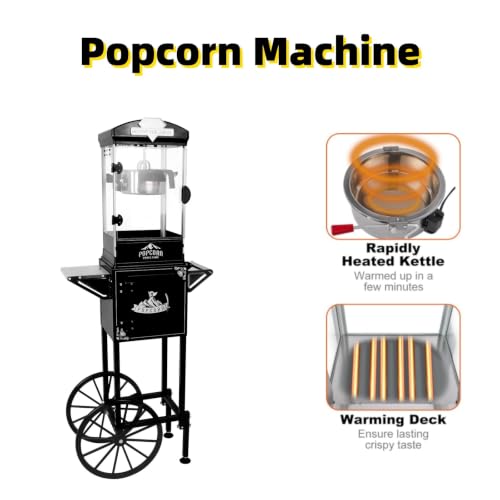 Image of Popcorn Machine with Cart, 10 Oz Kettle Makes Up to 3.5 Gallons, Vintage Popcorn Maker with Storage Cabinet & Scoop, Movie Theater Style Popper for Party, Black