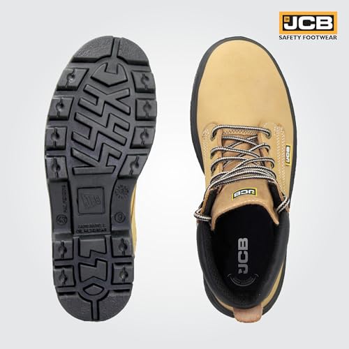 Image of JCB Trekker Safety Shoes for Man | Nubuck Leather High Ankle Boot | Steel Toe Cap | SRC Antislip & Oil Resistant | Double Density, Antistatic & Abrasion Resistance | Beige | Size 6-10 UK