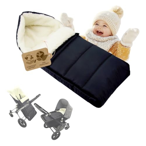 BAMBINIWELT universaler Winterfußsack (108cm), auch geeignet für Babyschale, Kinderwagen, Buggy, aus Wolle UNI (Schwarz Liniert)