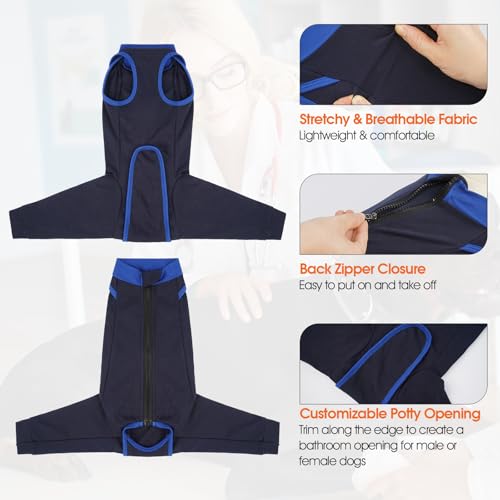 Image of Lelepet Dog Recovery Suit for Rear Legs, Surgery Onesie, Cone Alternative | Protects rear legs and abdomen from licking and scratching. Breathable recovery suit for male and female dogs after surgery.
