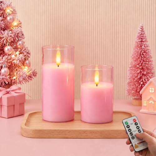 Image of Amagic Pink Glass Real Wax Flameless LED Pillar Candles with Remote Control
