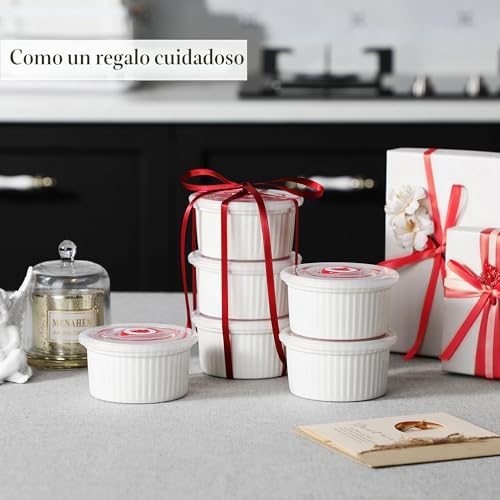 Miniatura 9 de Malacasa Ramequines De Porcelana Blanca Con Tapas De 8 Onzas, Juego De 6 Tazas De Cerámica Para Crema Brulee, Aptos Para Lavavajillas Y Horno, Serie Ramekin