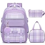 HANXIUCAO Cartable Fille Primaire - 24L Sac a Dos College Fille, Kawaii Lger avec Pendentif pour Enfants de 7  14 Ans, Violet