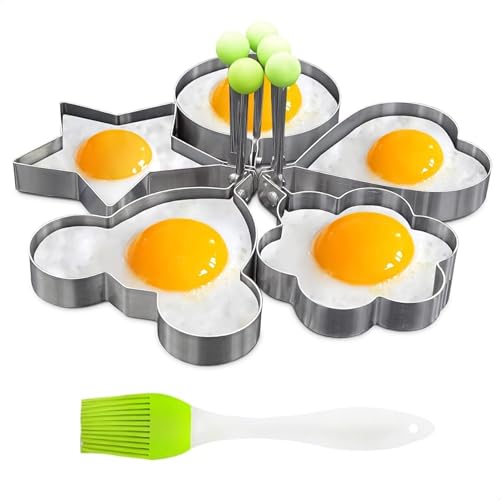 Egg Pancake Rings,5pcs Fried Egg Molds in Star, Round, Heart Different Shaped,Stainless Steel Omelette Frying Cooking Tools Kitchen Accessories Gadget Rings,with a Silicone Pastry Brush,Set of 5
