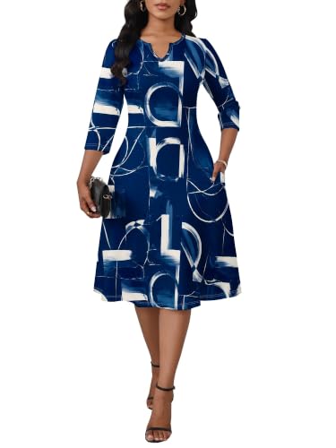 Image of PinkPatty Women's Casual 3 /4 Sleeve Midi Dresses Fit and Flare Church Work Dress with Pockets