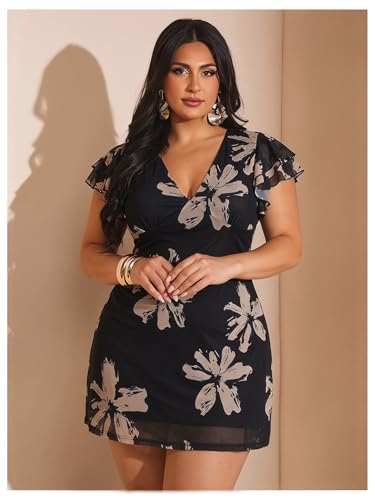 Image of BEAUDRM Women's Plus Size Cocktail Floral Short Dress Deep V Ruffle Short Sleeve Bodycon Mesh Wedding Guest Party Dresses