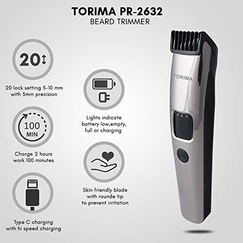Image of Torima trimmer men PR-2632 beard trimmer for men the ultimate trimmer for man with type C fast charging 100 Min Run Time with 20 settings mens trimmer, Corded Electric