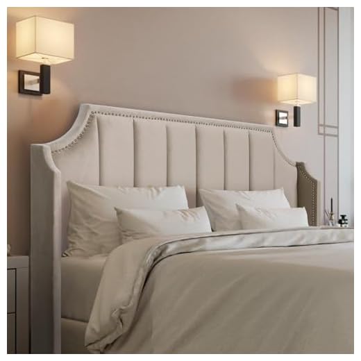 Lucky Monet Luxurious Headboard Only Queen Size with Wingback, Velvet Upholstered Tufted Headboard with Nailhead Decor for Bed, Adjustable Height Curved Head Board Vertical Channel Design (Beige)