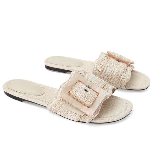 Image of ZJGZF Raffia Sandals for Women Buckle Straw flats Woven Braided Rattan Slides Summer Beach Sandals Comfort Cute Shoes