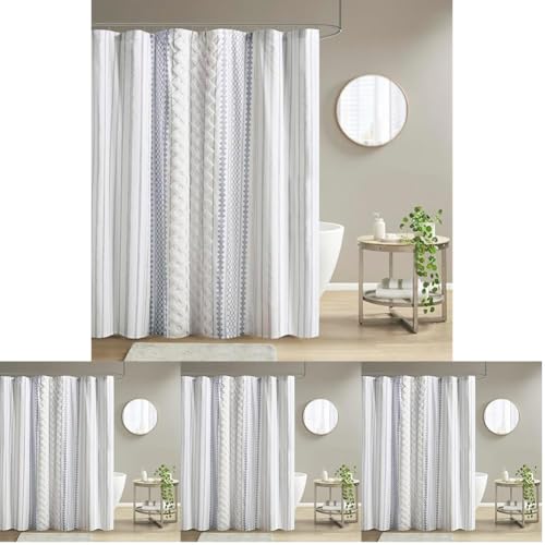 Image of INK+IVY Tufted Chenille 100% Cotton Shower Curtains Machine Washable, Modern Home Bathroom Decor Bathtub Privacy Screen, 72 inch W x 72 inch L, White /Navy (Pack of 4)