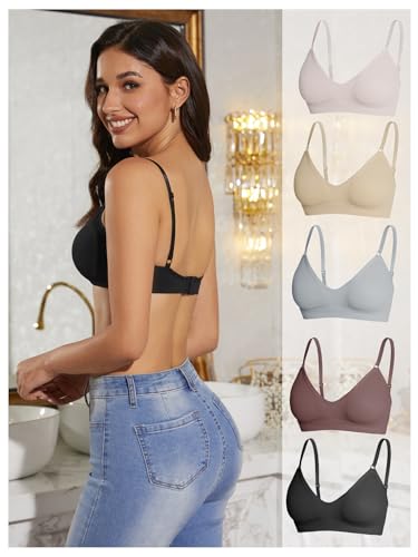 OYOANGLE Women's 5 Pieces Rib Knit Spaghetti Strap V Neck Wireless Bra Set Seamless Solid Plain No Padded Bralette2