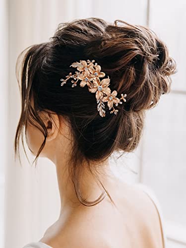 Aw Bridal Wedding Hair Comb Bridal Gold Flower Hair Comb Wedding Leave Hair Pieces For Bride Hair Side Comb Bridal Hair Accessories For Women (Gold) #TOP1