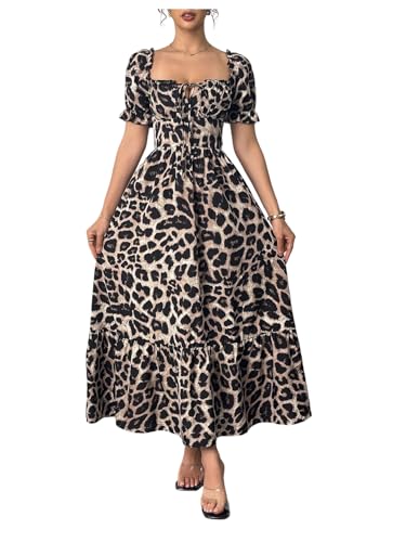 Image of Floerns Women's Floral Short Puff Sleeve Milkmaid Dress Boho A Line Long Dresses