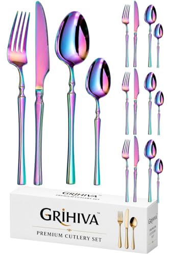Image of 16 Pcs Rainbow Slim Handle Stainless Steel Cutlery Set for Dining Table with Spoons and Forks Set + Butterknives - The Perfect Tableware /Flatware