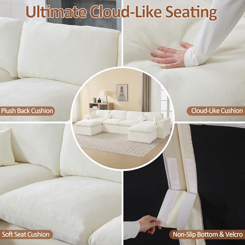 Image of 146''Cloud Boneless Sectional Couch, Modular Sectional Sofa Deep Seat with 2 Ottomans, Oversized Upholstered Convertible Comfy 6 Seater Chenille Sofa U Shape Couches for Living Room, Beige