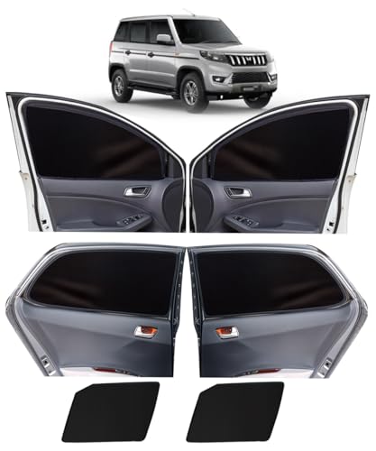 Image of OTO2EYE Car Sun Shade Compatible for Mahindra Bolero Model 2020 to 2025, Z-Black Super Magnetic Grip, Front Window Zipper, Side Window Curtains, 4 Pieces Set
