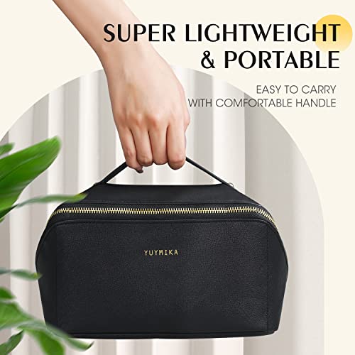Yuymika Large Capacity Travel Makeup Bag, Portable Pu Travel Toiletry Bag For Women, Waterproof Cosmetic Bag Lay Flat And Open Wide, With Handle And Divider Pocket #TOP4