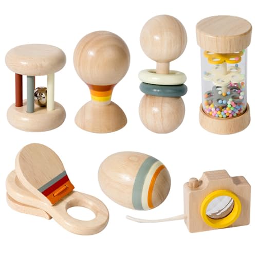 Juego de 7 sonajeros de Madera para bebé, orgánicos y Naturales, con Palo de Lluvia, Campanilla, Bola de Arena y más. Sonajero de Madera Montessori para niños niñas, Regalo de cumpleaños. Sonaj