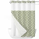 SEVENBABU Boho No Hook Shower Curtain with Snap in Liner Waterproof Fabric Shower Curtain Set for Bathroom Country Morocco Texture Sage Green Shower Curtain with See Through Top Window 72'x84'