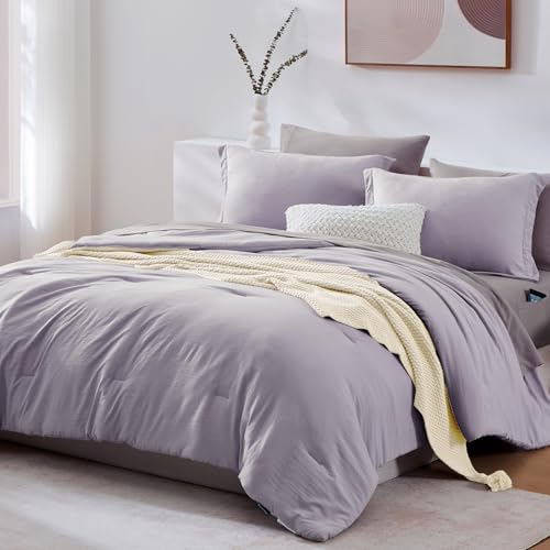 Image of Queen Comforter Set-7 Pieces Soft Prewashed Bed in a Bag Queen Bedding Sets | All Season Comforter with Sheets, Pillow Shams & Pillowcases,Lilac