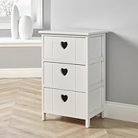 Home Source Bedside Chest of Drawers, Wooden Storage Unit Bedroom Organiser, Love Heart Design, 3 Drawer, White