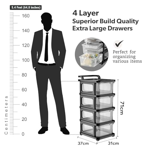 Image of URBAN LUXY Plastic Storage Drawer Organizer with Wheels | 4 Layer Multi-Purpose Chest of Drawers for Home, Office & Bedroom | Clothes, Toys & Stationery Organizer | Transparent Black
