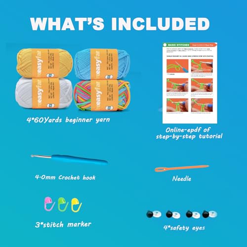 Image of 4x50g /4x60yds Soft Cotton Blend Yarn for Crocheting and Knitting; Easy Beginner Yarn kit with Tool Set (White+Azure+Yellow+Rainbow)