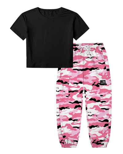 Image of Betusline Girls Fall Winter Clothing Sets, Long Sleeve Crop Top & Cargo Jogger Pants 2 Piece Outfit Sets,4T-14Y