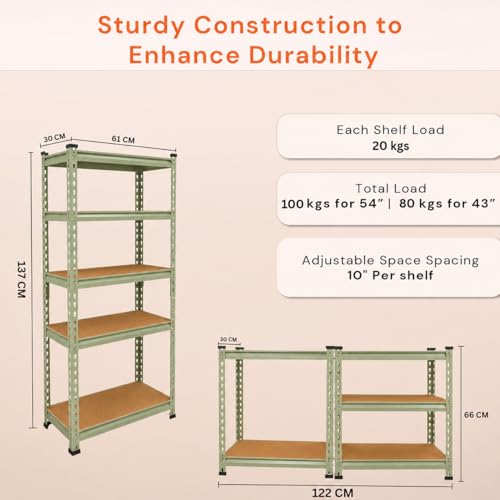 Image of BonKaso Adjustable 5-Shelf Metal Storage Rack | Heavy-Duty Steel Boltless Rivet Utility Shelving Unit for Garage, Kitchen & Office | 54 Inches Height (54 x 24 x 12 in) - Olive Green