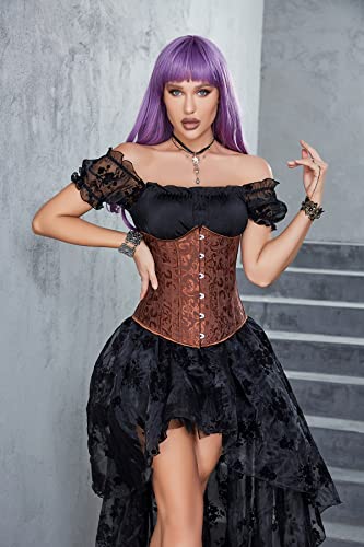 Moessa Women's Waist Training Corsets 26 Steel Boned Hourglass Steel Bone Underbust Mesh Corset Steampunk Lace Up Body Shaper 2834-Coffee Jacquard-M #TOP3