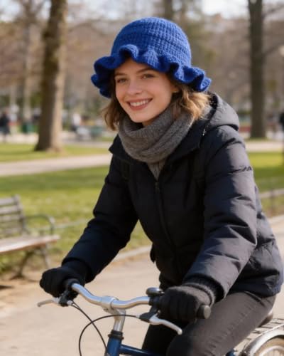 Image of Women Crochet Bucket Hat Cute Winter Ruffled Brim Floppy Cap Handmade Knit Cloche Hats