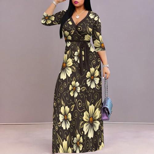 Image of PinkPatty Women's Print Maxi Dresses 3 /4 Sleeve Flowy Long Dress V Neck Wrap Tie Waist Sundress