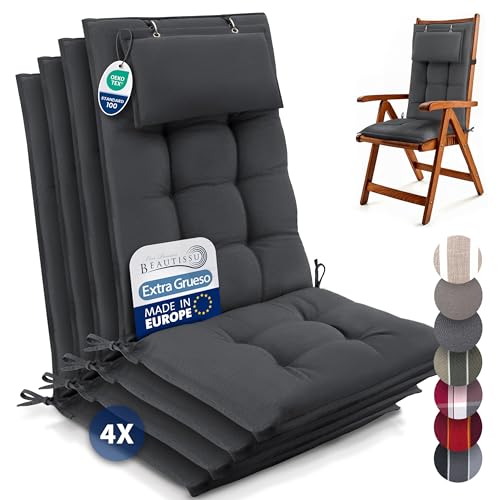 Beautissu Conjunto 4 cojín Silla jardín Premium Respaldo Alto Almohadilla