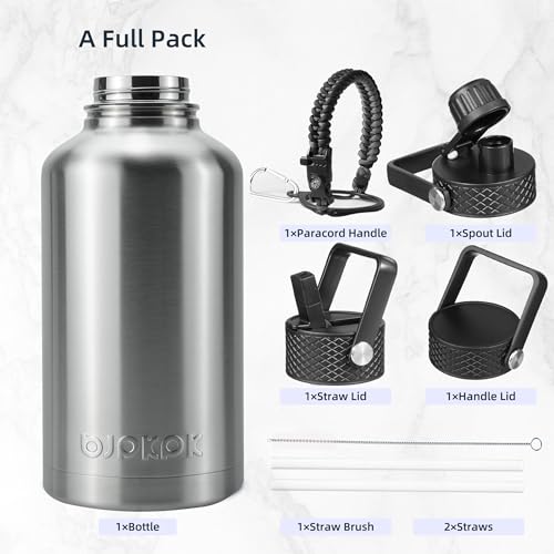 Image of BJPKPK Half Gallon Insulated Water Bottles with Straw Lid, 64oz Large Water Jug, Stainless Steel Bottles with 3 Lids and Paracord Handle, Thermo for Hot & Cold Liquid, Stainless Steel