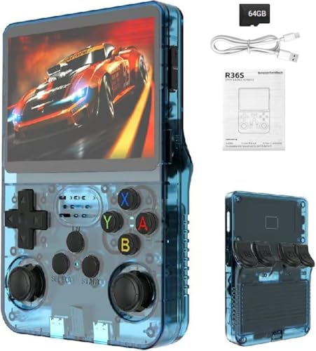 Consola de juegos retro portátil con pantalla IPS de 3.5 pulgadas, sistema Linux, almacenamiento de 64 GB, más de 15.000 títulos clásicos y batería de larga duración, azul