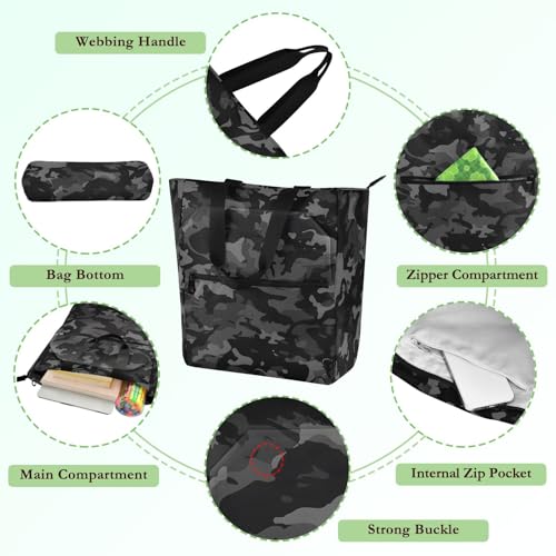 Black Camouflage Tote Bag for Book Lovers Reusable Bags with Zipper Pocket for School Work Shopping3