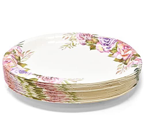 50 Count Floral Oval Paper Plates 10" X 12" Large Disposable Platters Party Goods Set Pink & Purple Flower Design Serving Dish Tray For Spring Holiday Dinner Wedding Tea Party Tableware Supplies Decor #TOP3