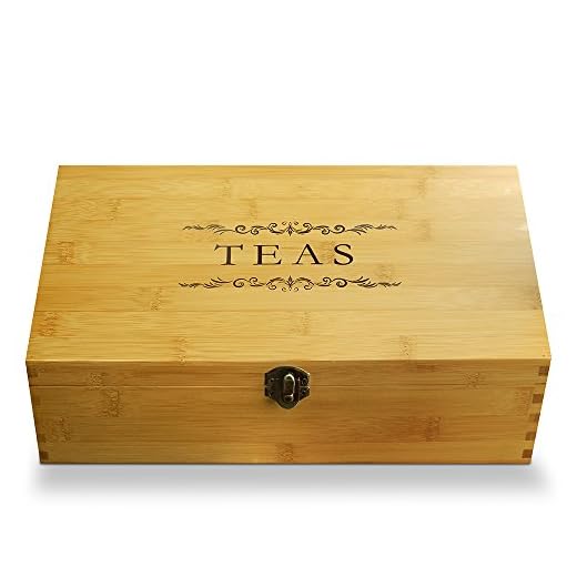 Multikeep Adjustable Tea Box 128 Tea Bag Storage Organizer Bamboo Latching Lid (Tea Filigree)