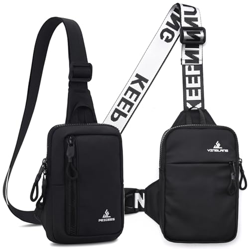 Peicees Small Crossbody Bag for Men Women Mini Sling Bag Travel Running Phone Daypack Cross Body Shoulder Bags with Keyholder, Black and Black