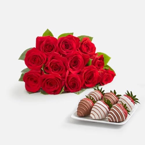 Shari’s Berries 12 Classic Red Roses & 6 Chocolate Covered Strawberries Gift Set | Chocolate & Fresh Flower Gift Box | Valentine's Day, Anniversary, Celebrations & Thank You’s
