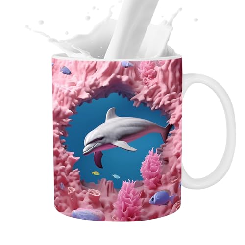 Taza de café con delfines 3D - Tazas lindas pintadas planas 3D novedosas - Novedad decoración de delfines, 11 oz, para amantes del té con leche y café, tazas de cerámica para mujeres y hombres
