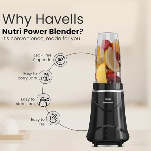 Image of Havells Nutri Power Blender 350 W Mixer Grinder| 1 Speed Switch| Leak Free Sipper Lid| Air Vent Technology| Stainless Steel Blade| 2Yrs Manufacturer Warranty (Black)