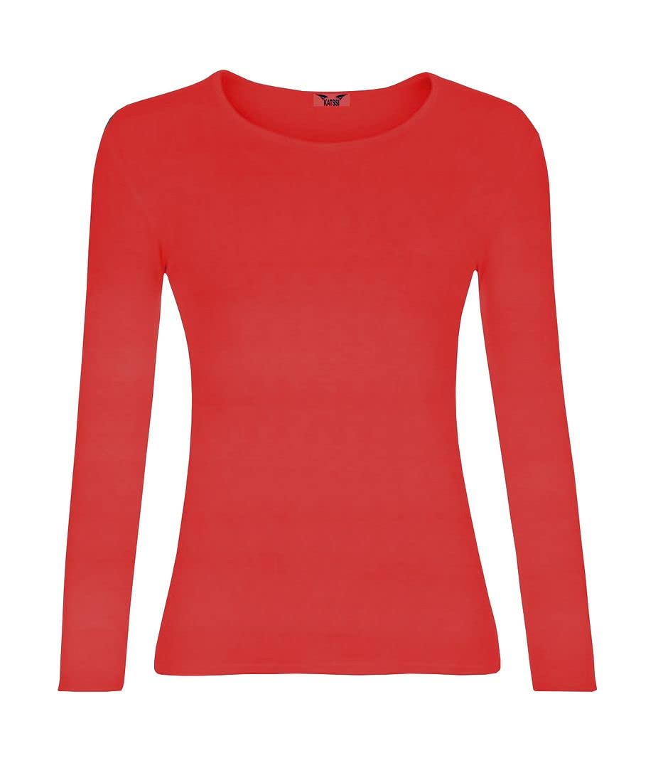 KATSSI Women’s Ladies Long Sleeve Stretch Plain Round Scoop Neck T Shirt Top XXXL Red